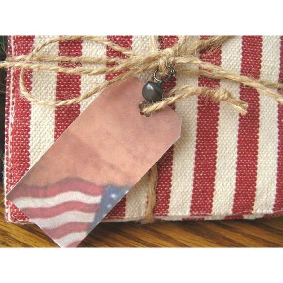 New Rustic American Red & White Stripe Fabric Coasters Set of 6 w/ Flag Tag - Picture 8 of 9
